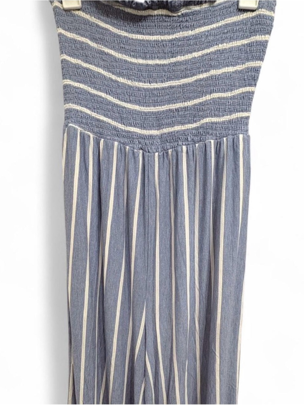 Blue and White Strapless Jumpsuit